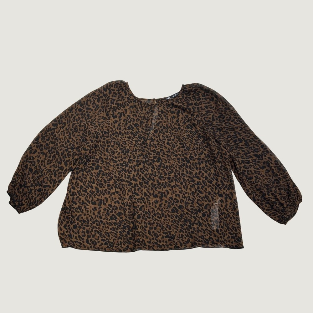 Zara Blouse Womens L Brown Leopard Animal Print Sheer Long Sleeve Round Neck